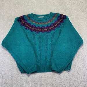 Vintage Currants Sweater Womens Small? Teal Fair Isle Cable Hand Knitted Granny